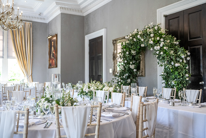 Oulton Hall wedding breakfast room set up beautifully for the wedding reception.