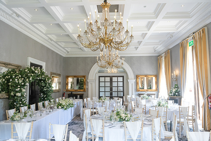 Oulton Hall wedding breakfast room set up beautifully for the wedding reception.