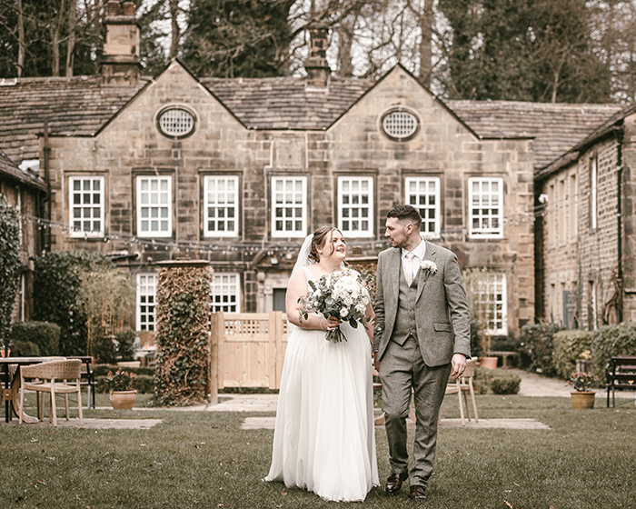 Bride and groom portraits in the gardens at Whitley Hall