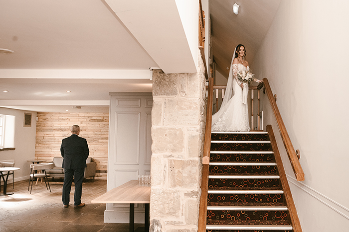 tankersley manor wedding bride on the stairs
