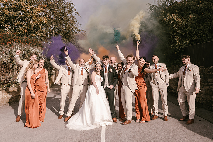 bridal party at tankersley manor using smoke bombs